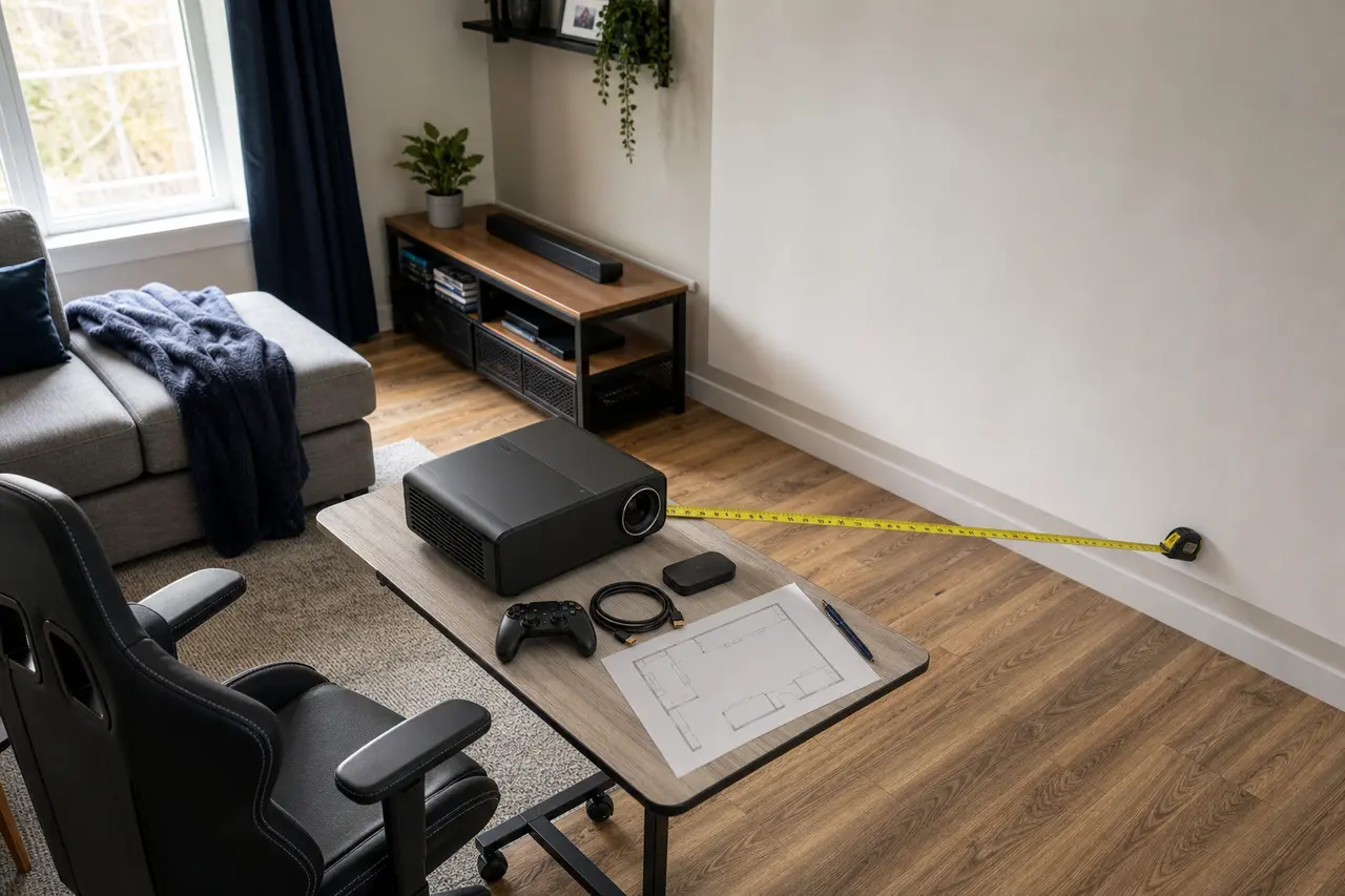 Ausgeschalteter Projektor mit Maßband, Controller, HDMI-Kabel und Grundriss vor einer freien Wohnzimmerwand