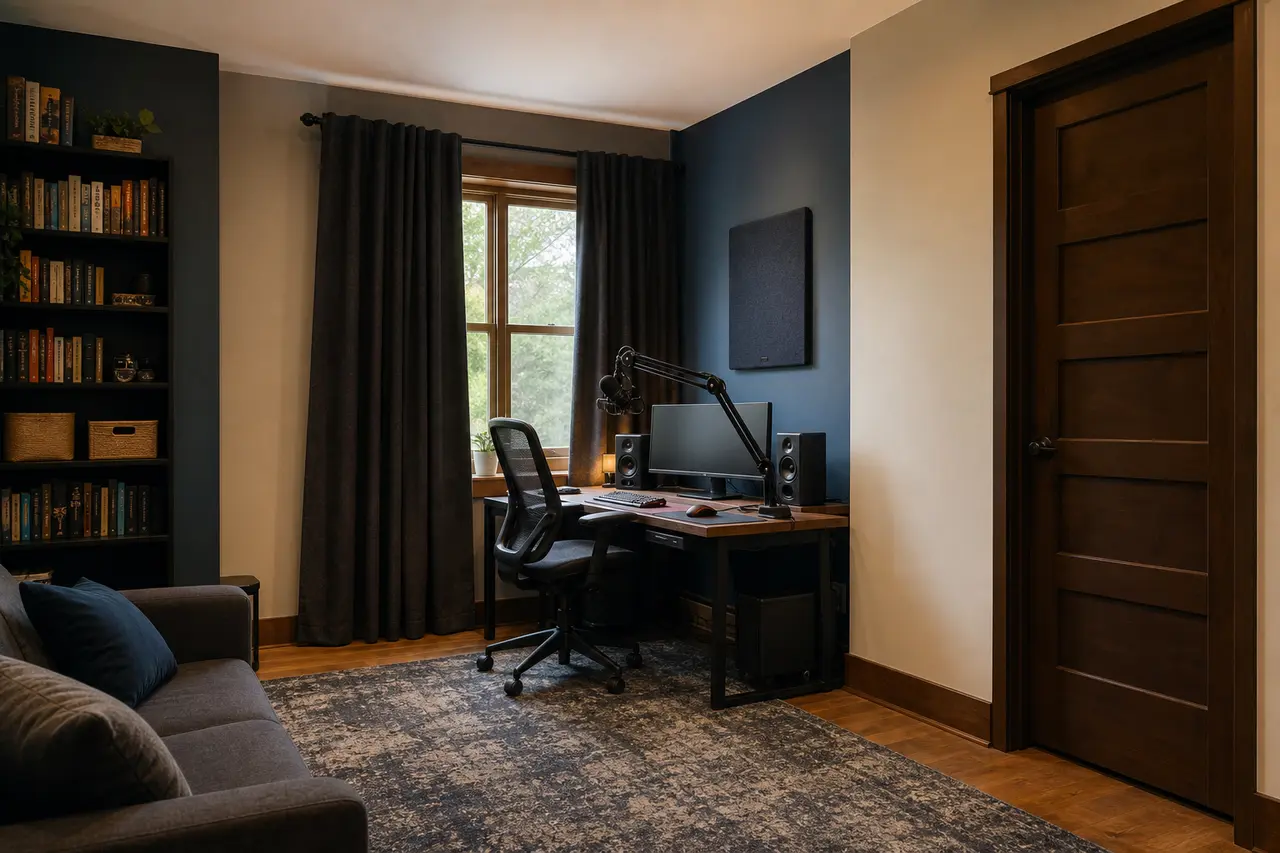 Gaming-Zimmer mit markierten Reflexionen im Raum und einem getrennten Weg zum Nachbarraum