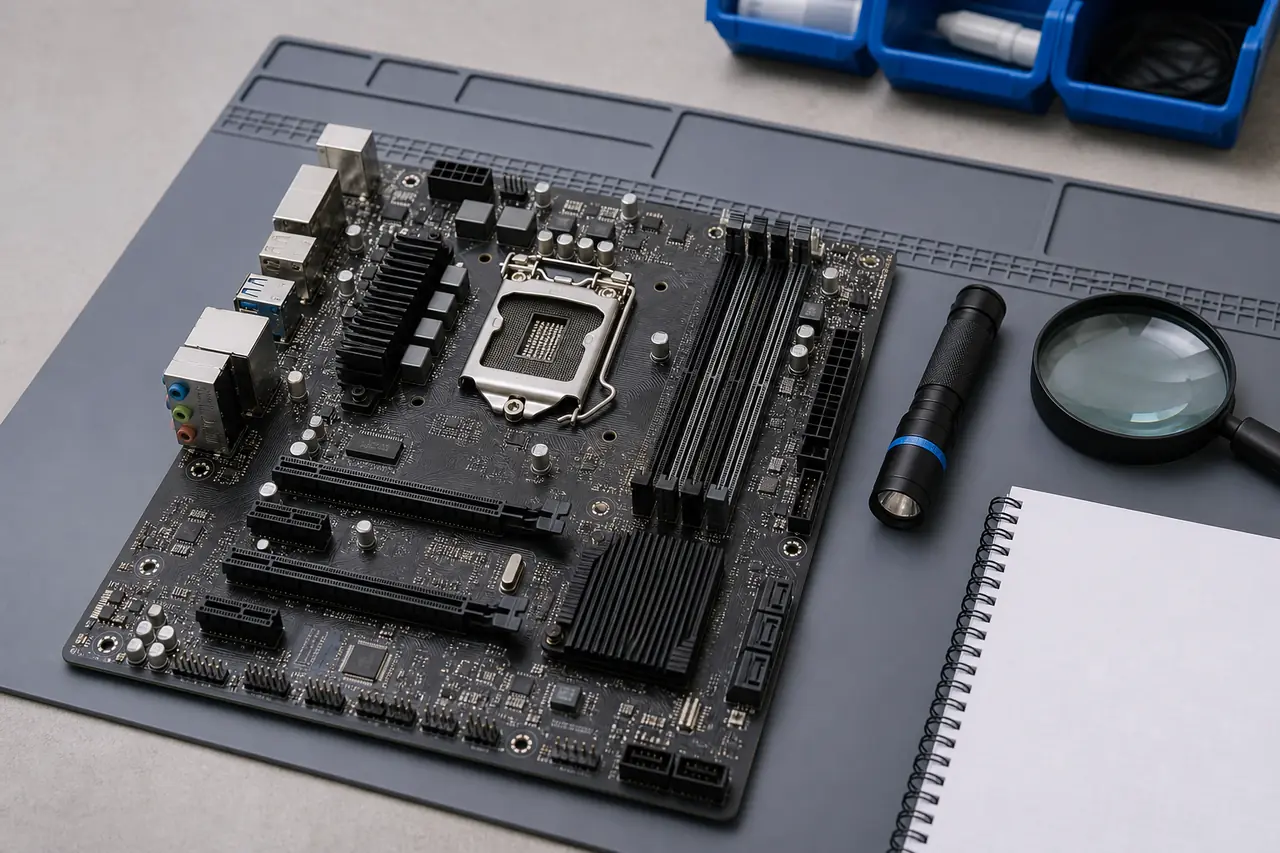 Unbeschriftetes Mainboard auf einer antistatischen Arbeitsmatte neben Lupe und Taschenlampe