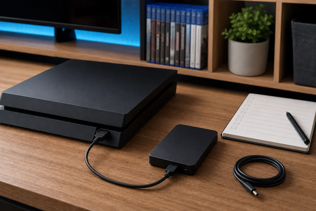 PS4-Konsole mit direkt angeschlossenem externem Laufwerk sowie markierten Angaben zu USB, Kapazität und Formatierung