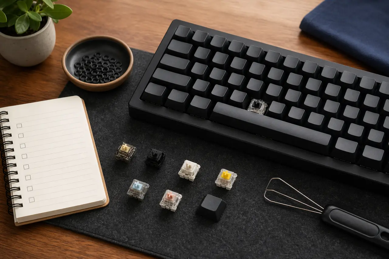 Mechanische Tastatur mit markierten Geräuschquellen an Schalter, großer Taste, Gehäuse und Tisch